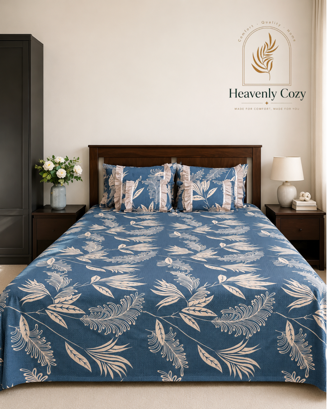 Floral Blue Cotton Queen Bedsheet Set