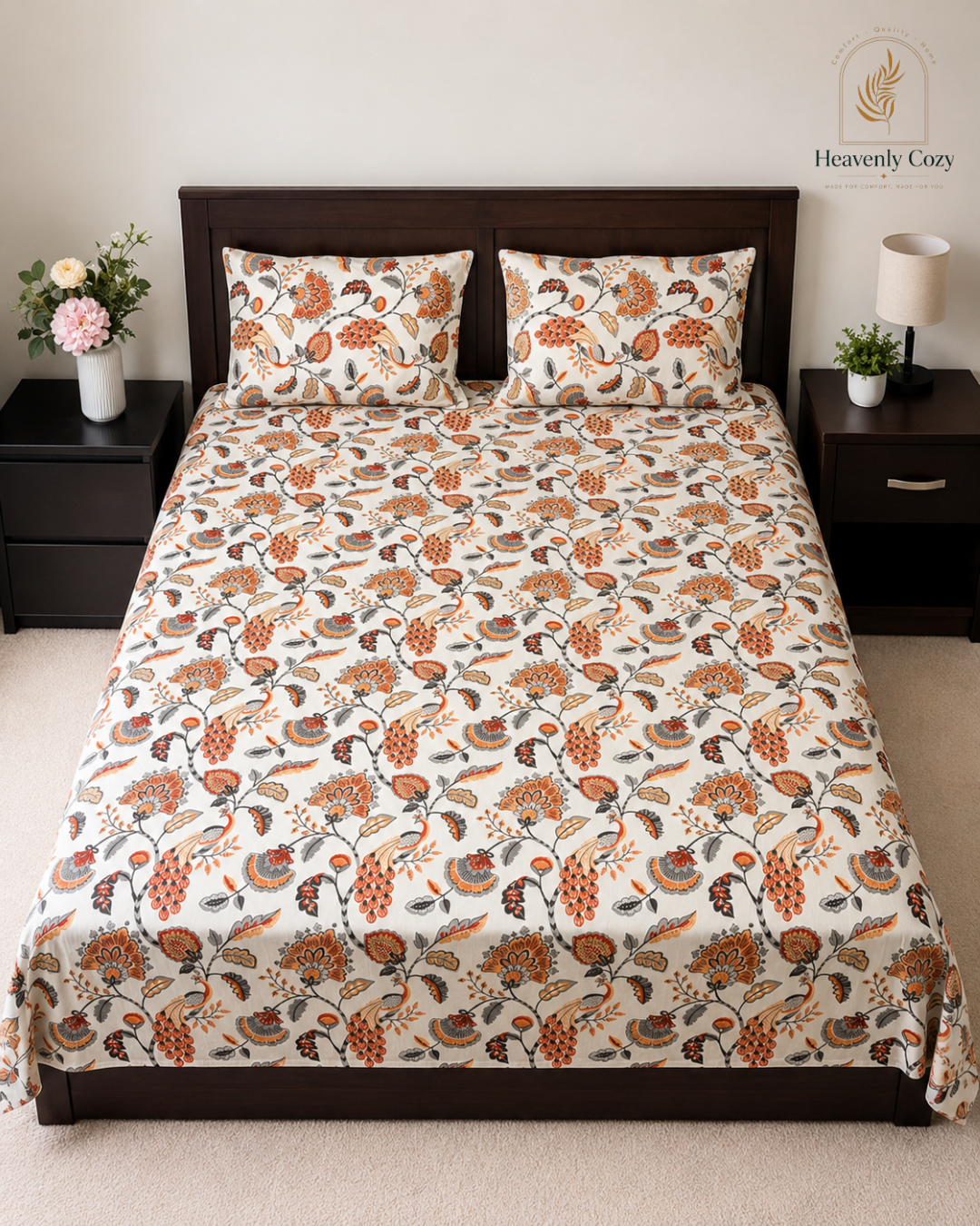 Queen~Rust Blossom Cotton Bedsheet Set