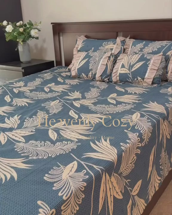 Floral Blue Cotton Queen Bedsheet Set